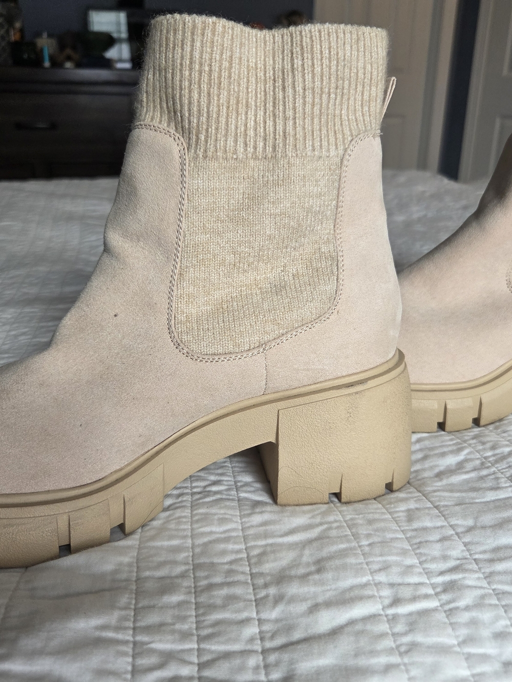 Neutral Knit-Top Chunky Heel Ankle Booties - Beige